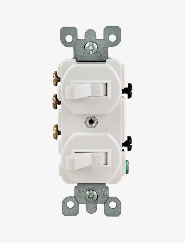 Leviton 15 Amp Commercial Grade Combination Two Single Pole Grounding Toggle Switches in White